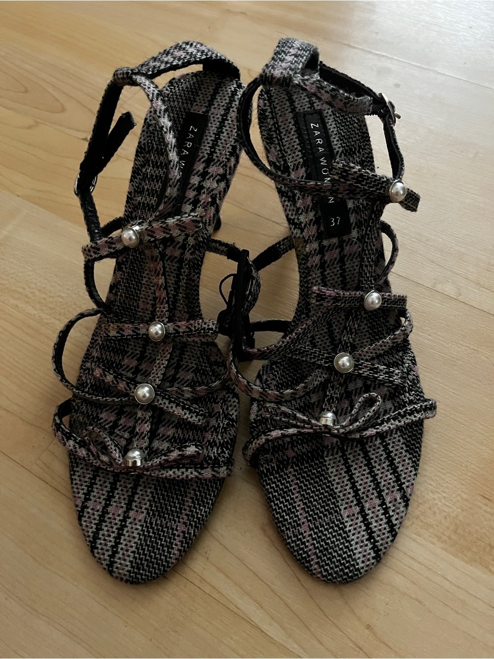Zara Ladies Plaid Print Pearl-Strap Heels 7